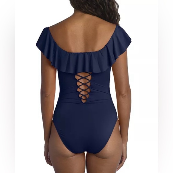 La Blanca Island Goddess Off-The-Shoulder Ruffled Tummy-Control Swimsuit Size 4 - Picture 2 of 9